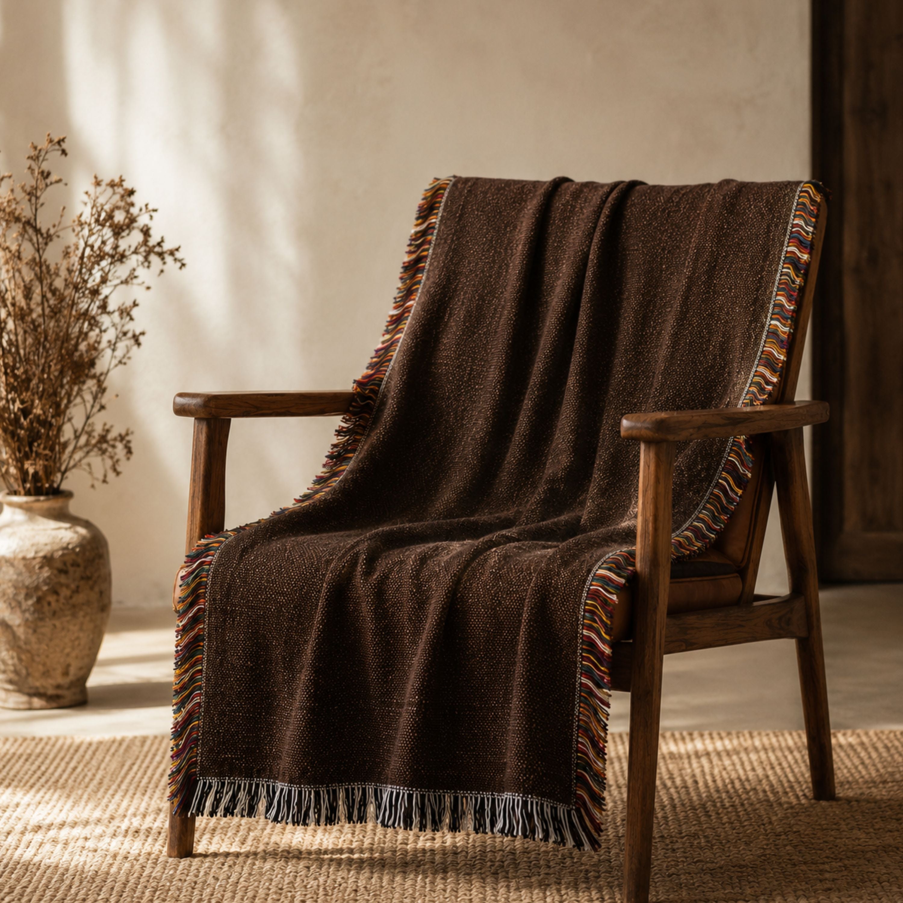 Solid espresso brown woven cotton throw blanket draped over a wooden armchair in a warm, sunlit living room, showing the multicolor side fringe and black-and-white top and bottom fringe — Trini Skies