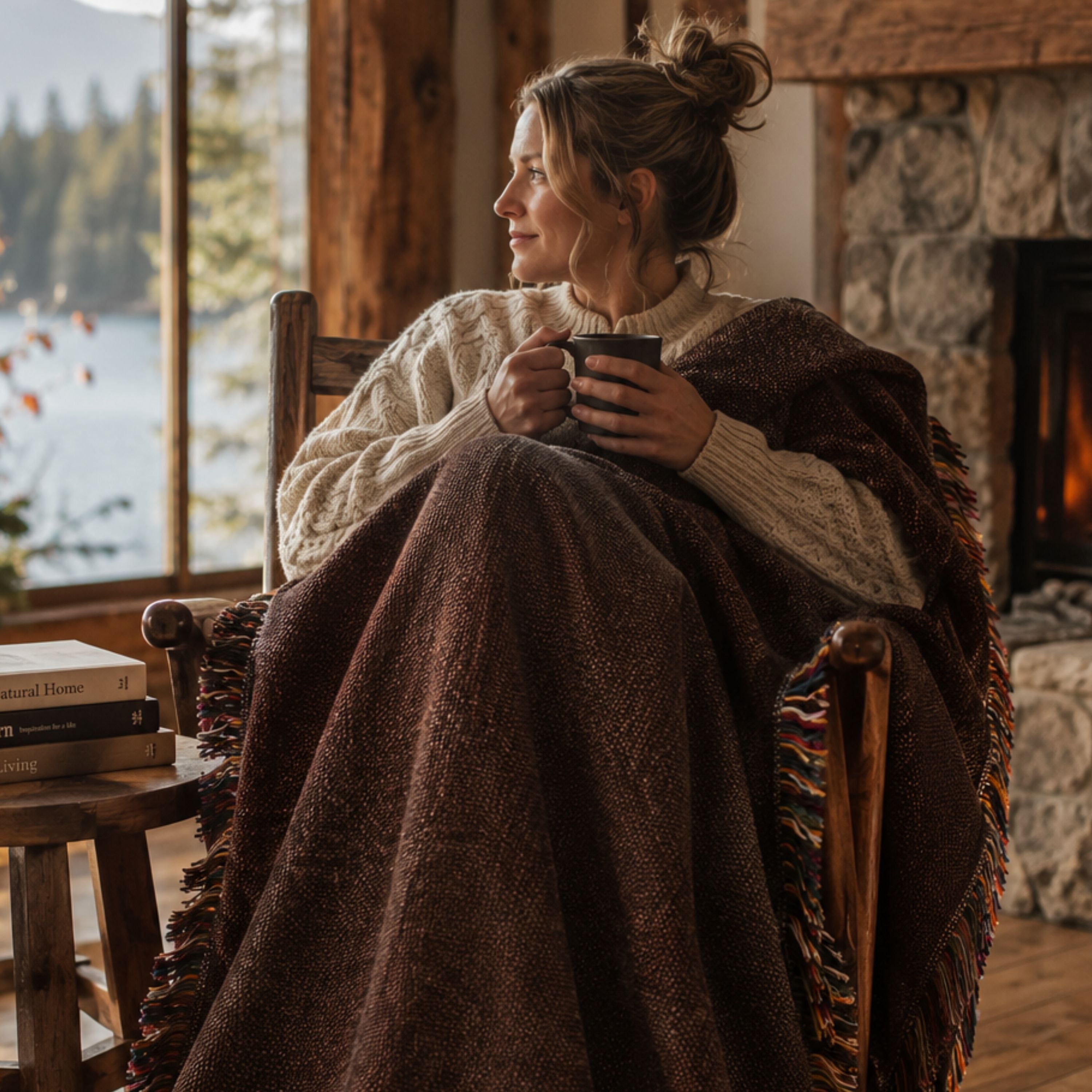 Woman seated in an armchair wrapped in a solid espresso woven cotton throw blanket, overlooking a water view — Trini Skies