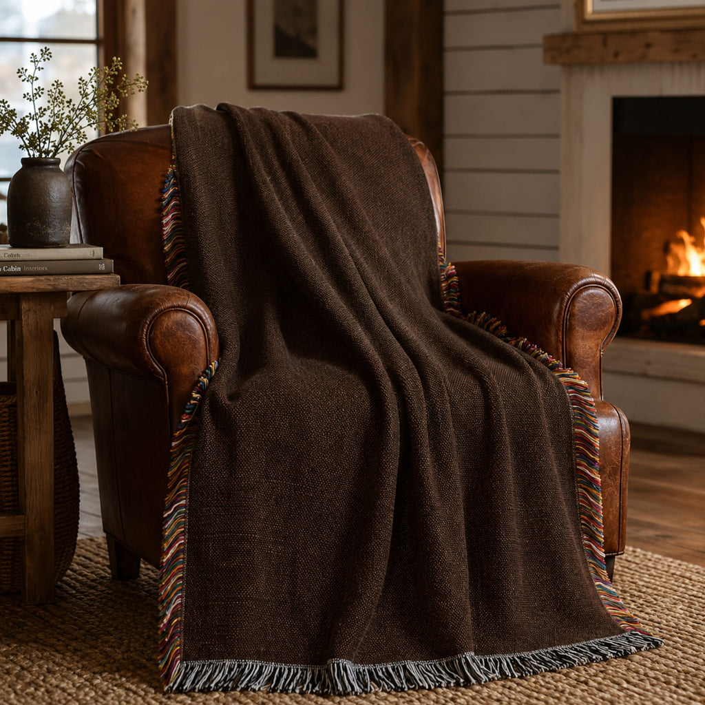 Solid espresso brown woven cotton throw blanket draped over a leather armchair beside a stone fireplace, quiet lodge interior — Trini Skies