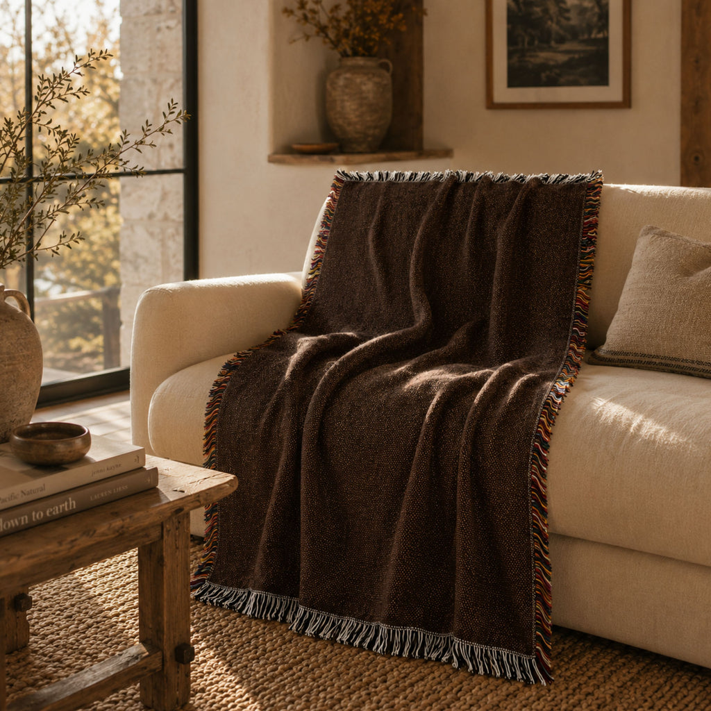 Solid espresso brown woven cotton throw blanket draped over a neutral linen sofa, showing the multicolor side fringe — Trini Skies