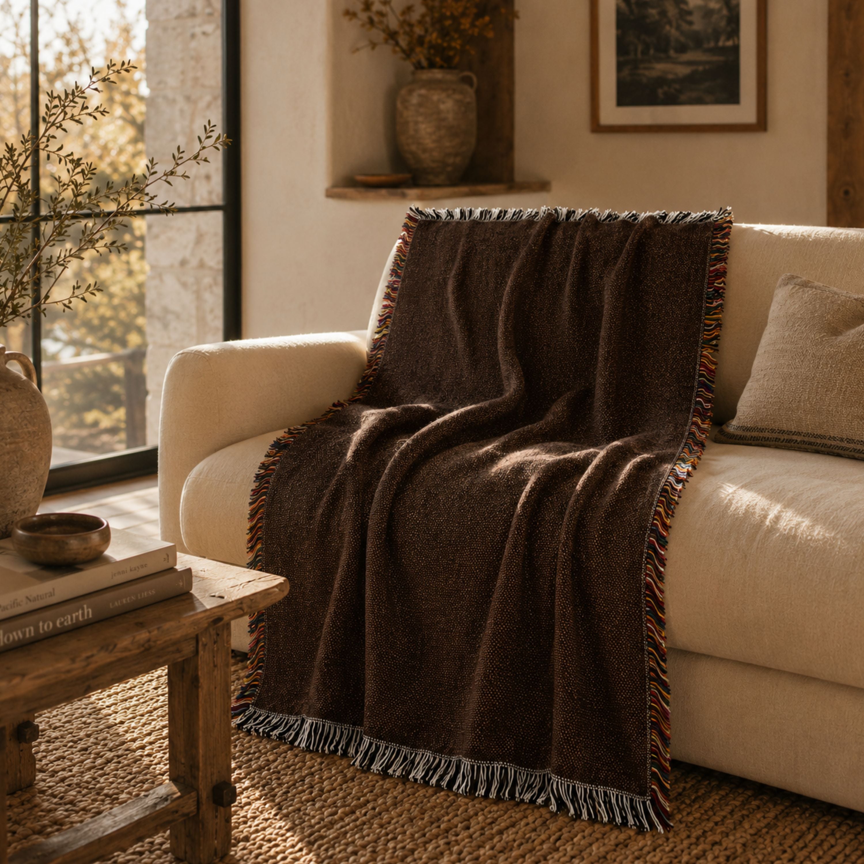 Solid espresso brown woven cotton throw blanket draped over a neutral linen sofa, showing the multicolor side fringe — Trini Skies