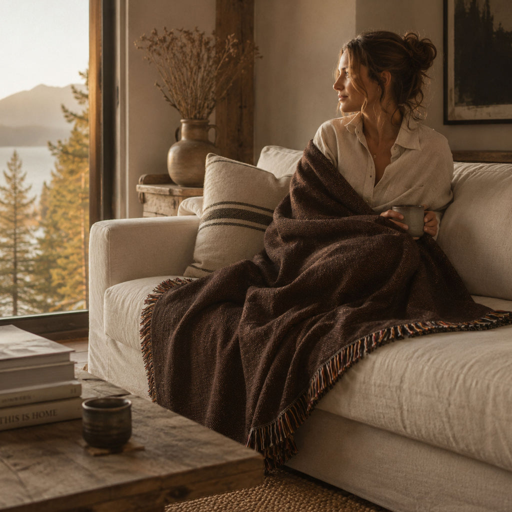 Woman wrapped in a solid espresso woven cotton throw blanket outdoors near the water, showcasing the drape and multicolor fringe detail — Trini Skies