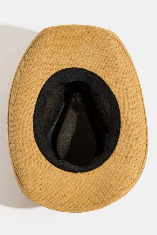 Fame Studded Bull Head Strap Western Cowboy Straw Hat – Wide Brim Sun Protection - Triniskies