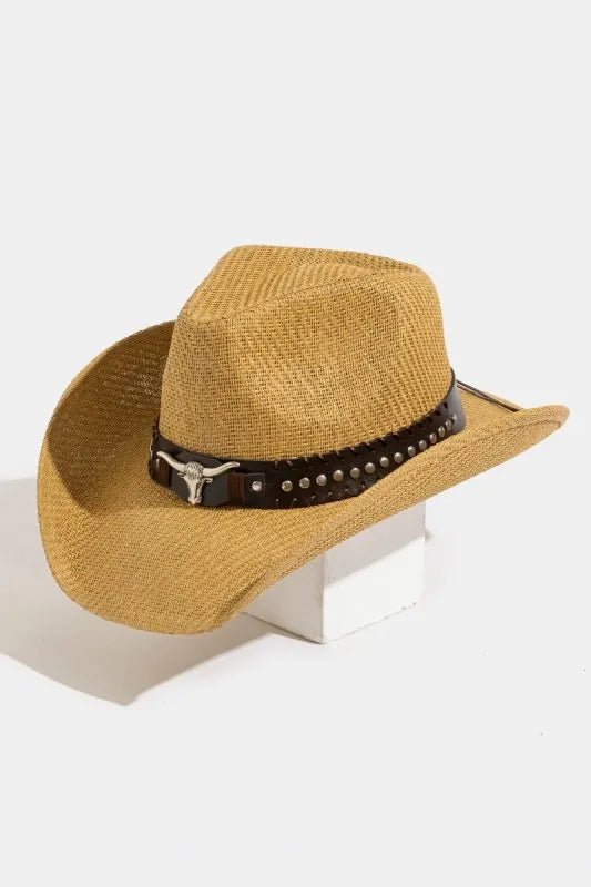Fame Studded Bull Head Strap Western Cowboy Straw Hat – Wide Brim Sun Protection - Triniskies