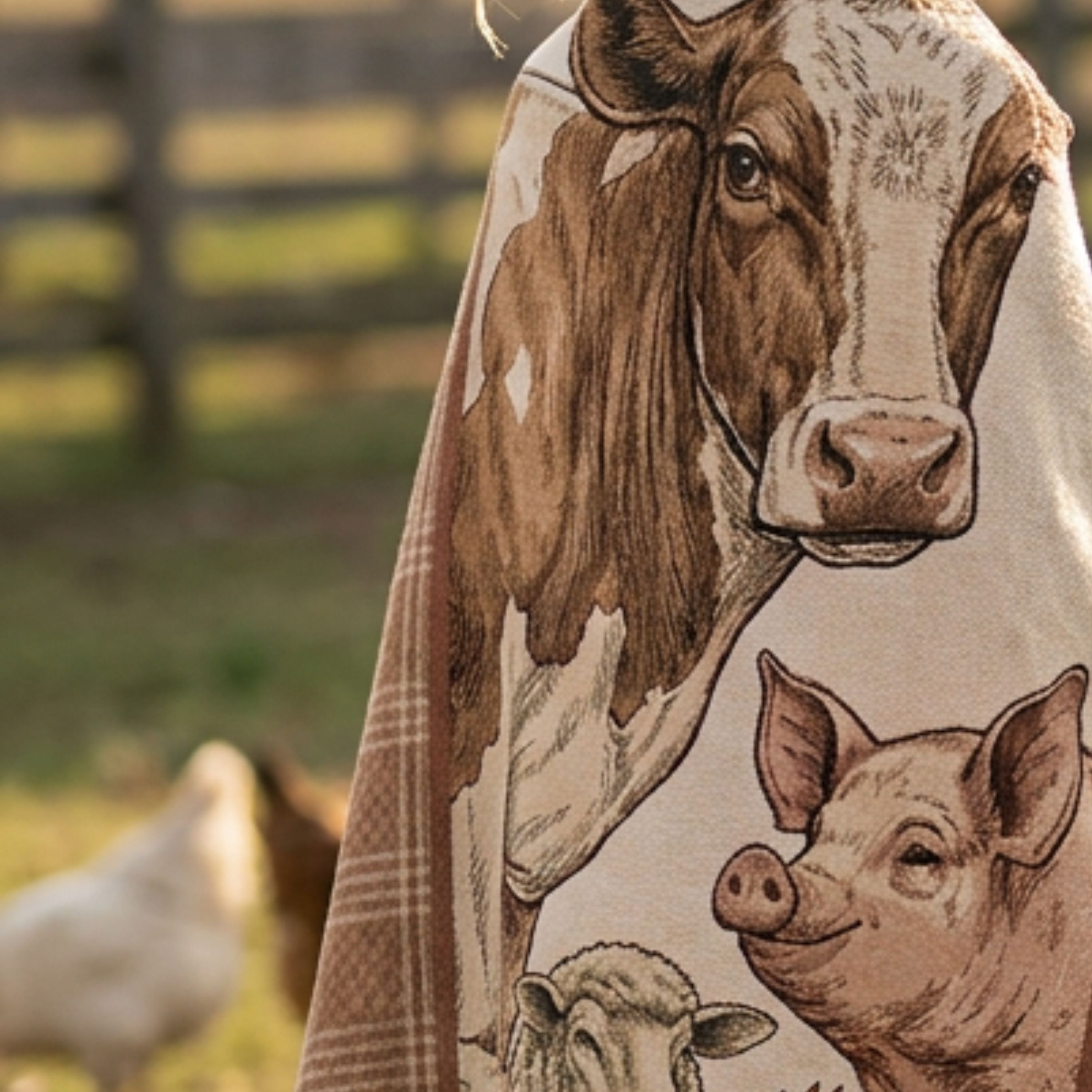 Close-up of the Meadowbrook Farm Animals Cotton Woven Throw Blanket showing the cow, pig, sheep, and rooster design detail with terracotta plaid stripe — Trini Skies