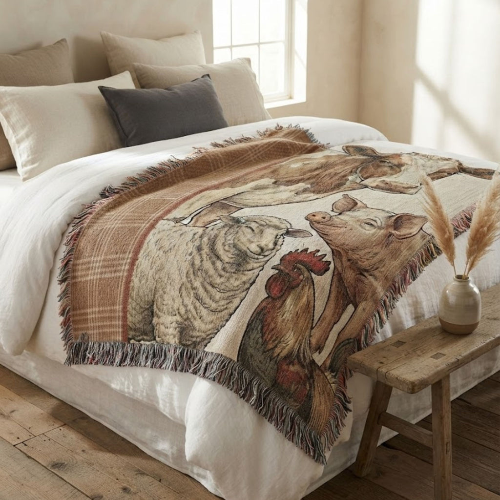 Meadowbrook Farm Animals Cotton Woven Throw Blanket draped across the foot of a bed in a sunlit farmhouse bedroom, showing natural fabric drape and fringe — Trini Skies