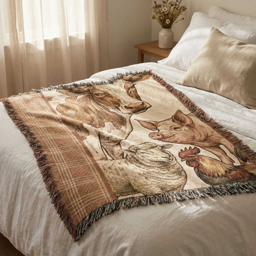 Meadowbrook Farm Animals Cotton Woven Throw Blanket displayed in a sunlit farmhouse bedroom, showing the full cow, pig, sheep, and rooster woven design — Trini Skies