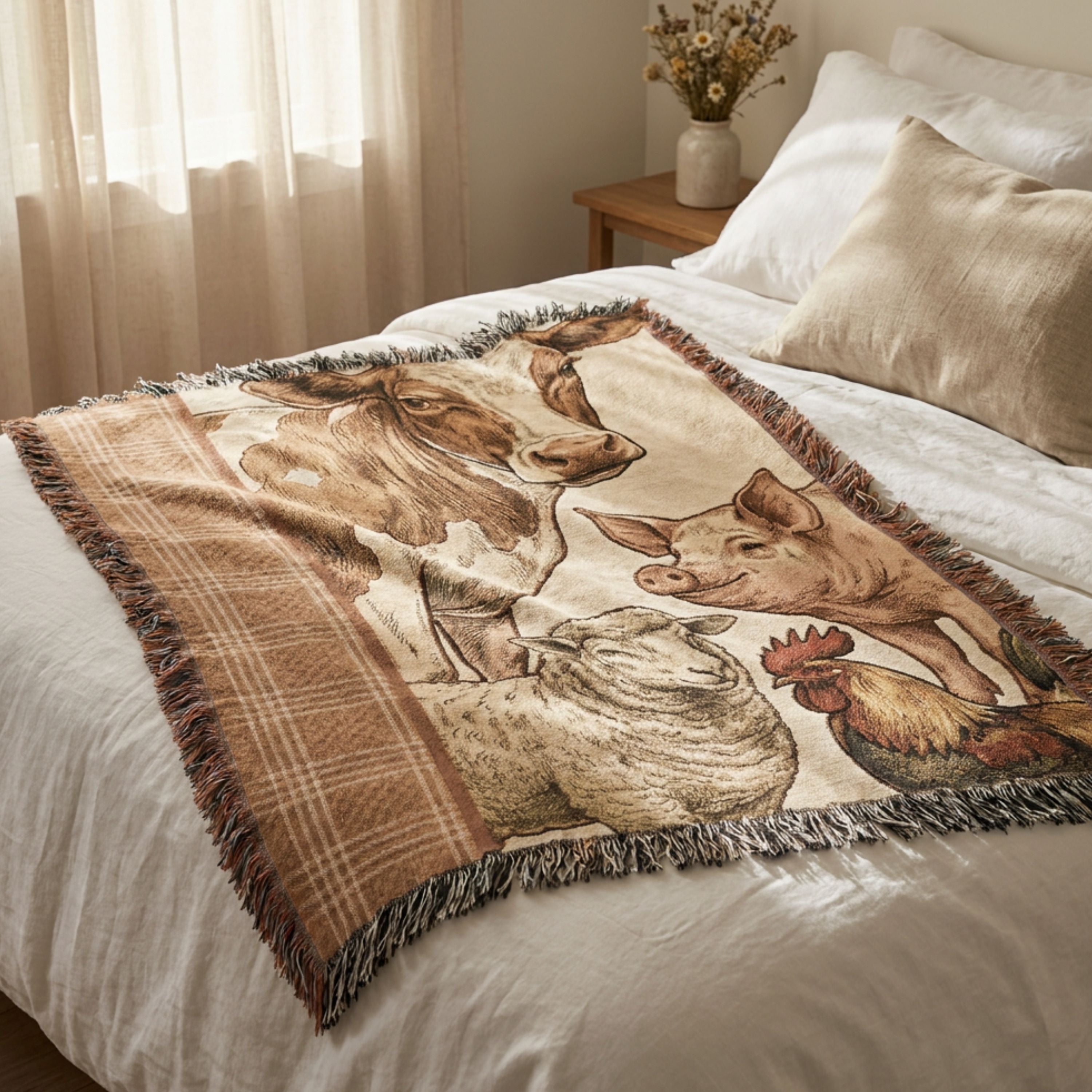 Meadowbrook Farm Animals Cotton Woven Throw Blanket displayed in a sunlit farmhouse bedroom, showing the full cow, pig, sheep, and rooster woven design — Trini Skies