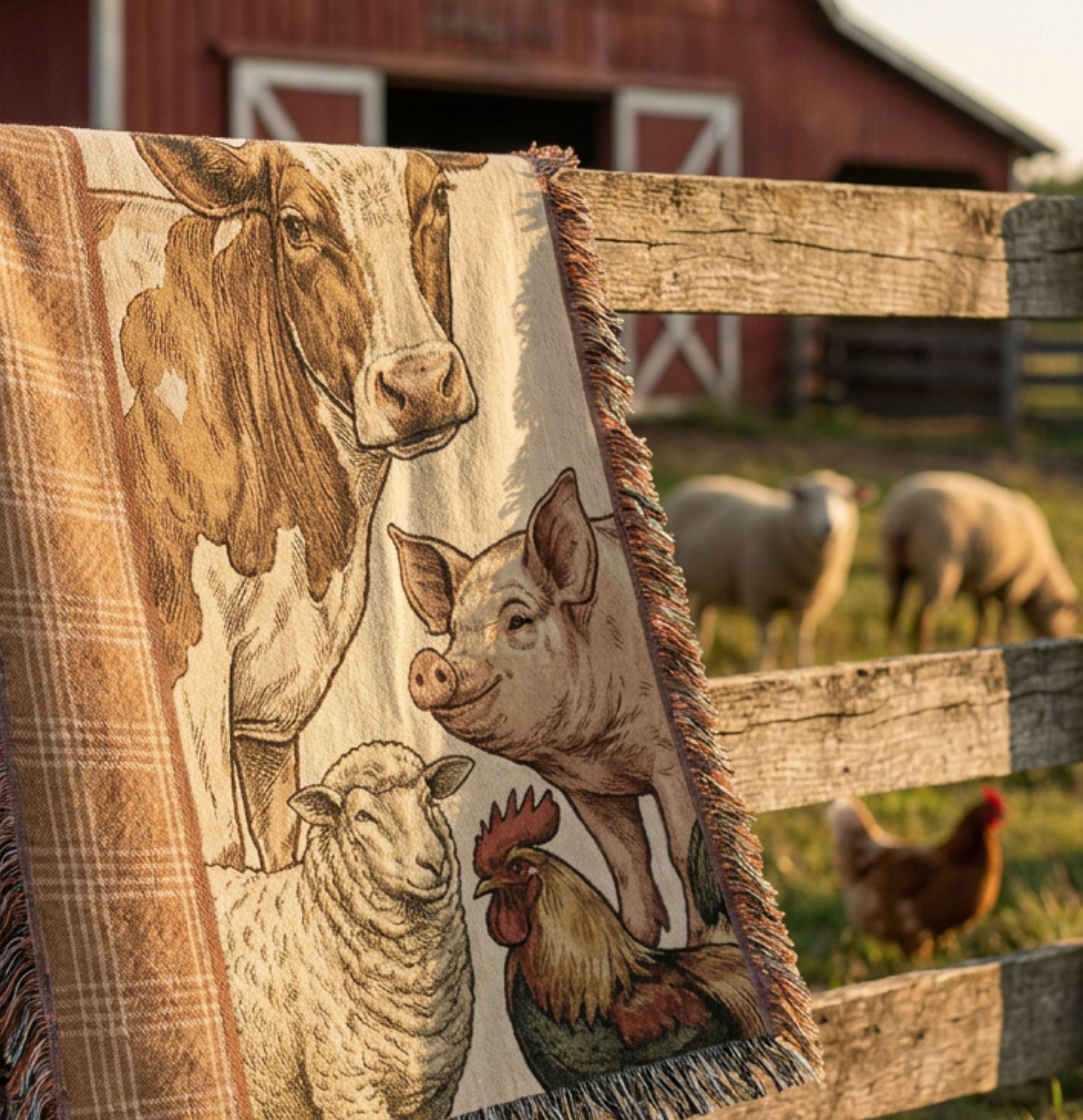 Meadowbrook Farm Animals Cotton Woven Throw Blanket draped over a weathered wooden farm fence rail at golden hour, showing the cow, pig, sheep, and rooster design with terracotta plaid stripe and cotton fringe — Trini Skies