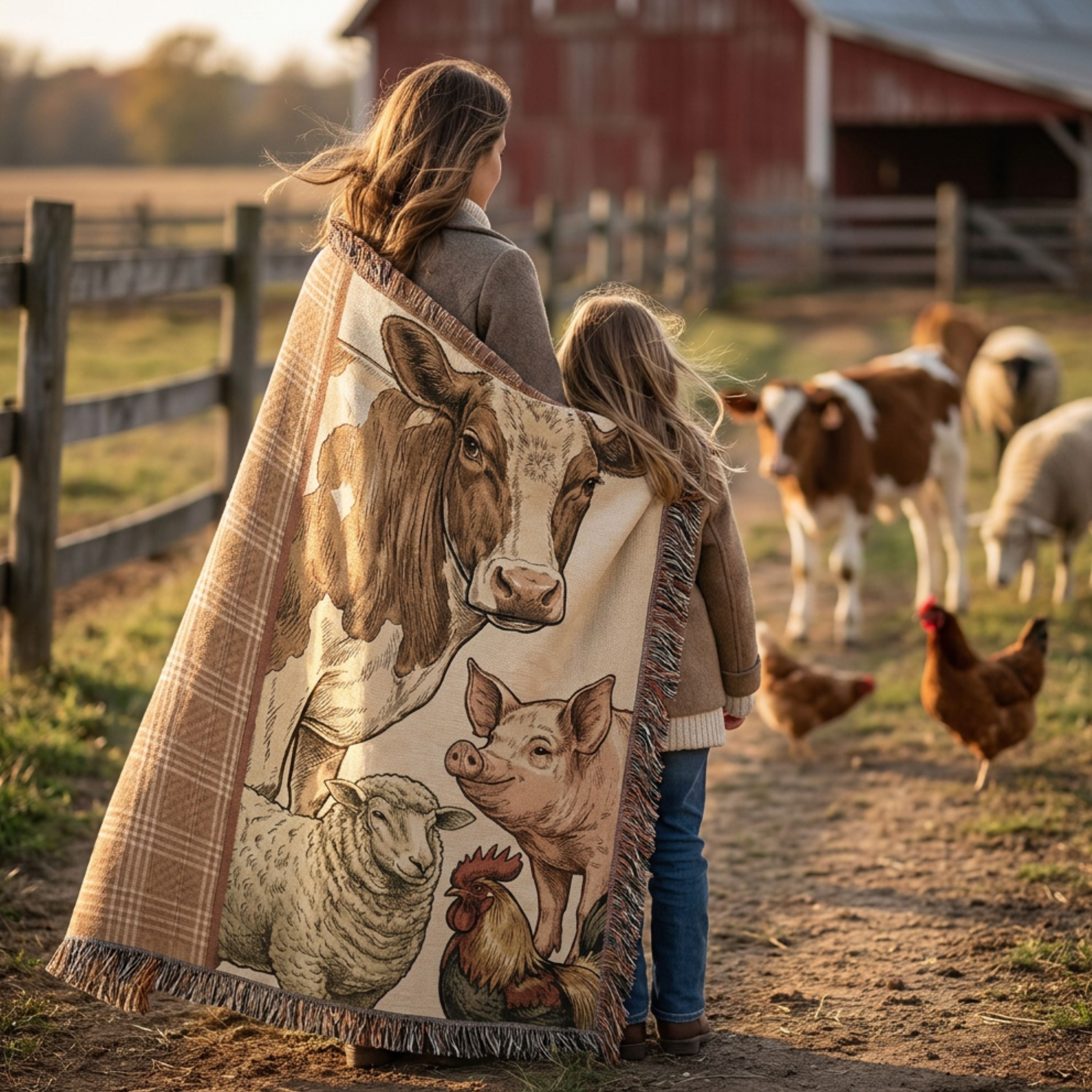 Mother and daughter wrapped together in the Meadowbrook Farm Animals Cotton Woven Throw Blanket on a working farm, with cattle, sheep, and chickens grazing nearby — Trini Skies