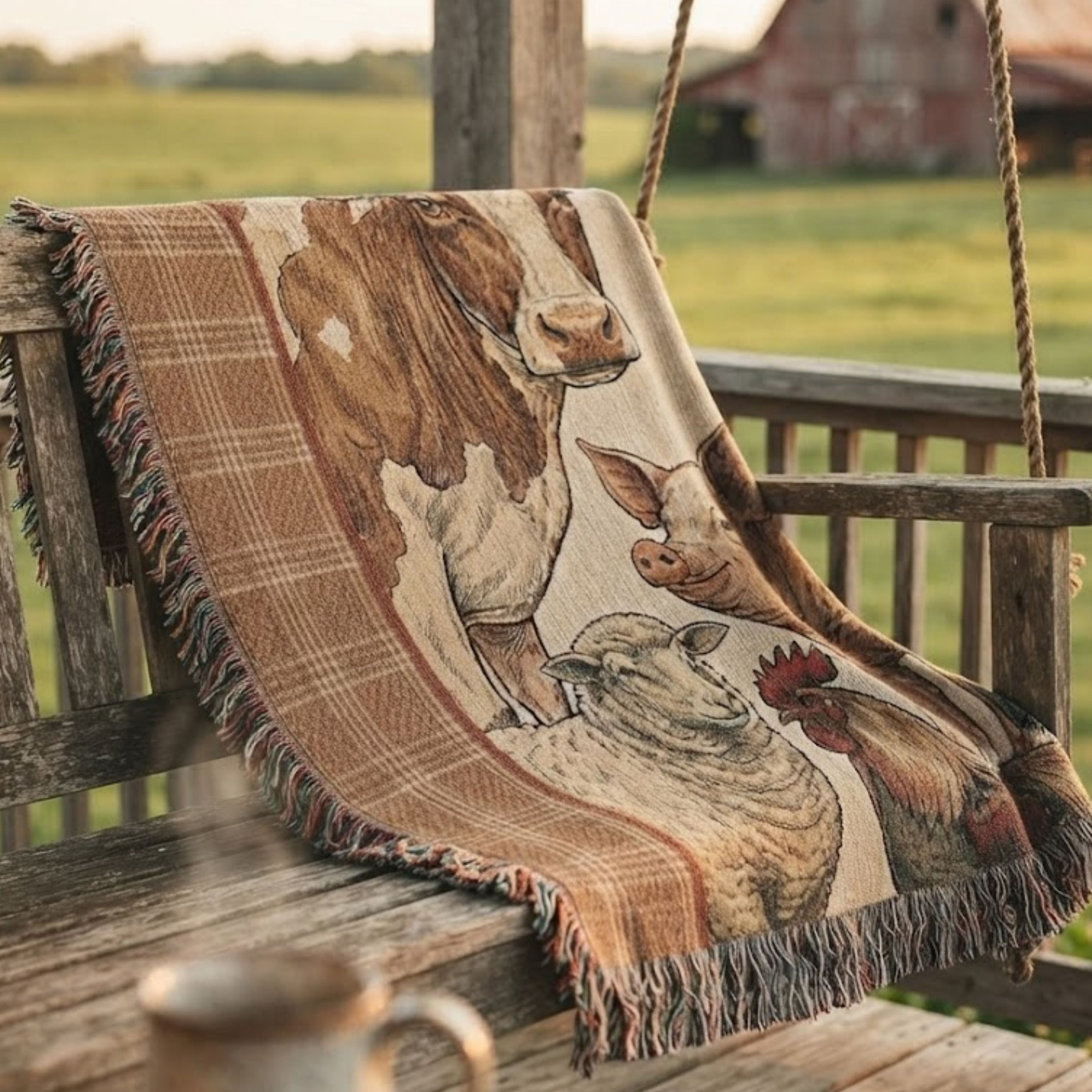 Meadowbrook Farm Animals Cotton Woven Throw Blanket draped over a porch swing on a farmhouse porch, showing the woven cow, pig, sheep, and rooster pattern — Trini Skies