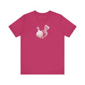 Fuchsia short-sleeve Trini Skies tee with onion beet graphic, timeless elegance