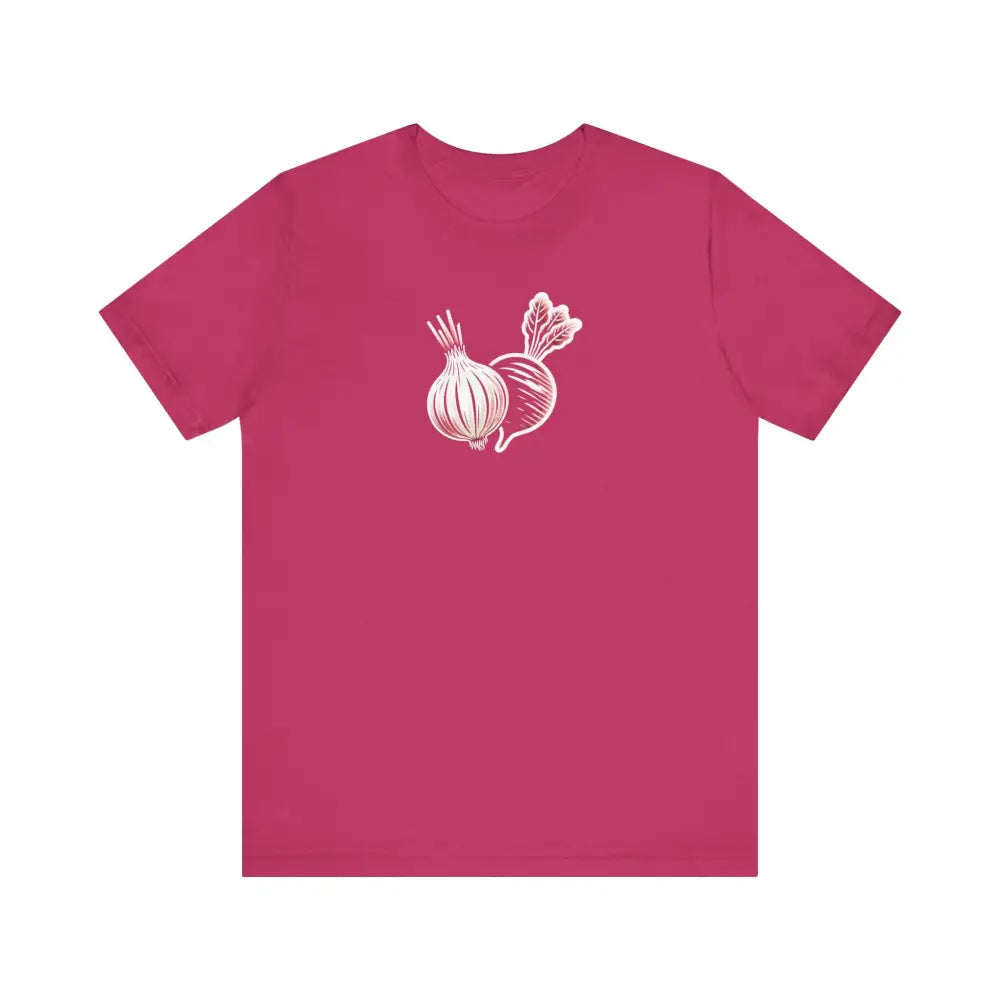 Fuchsia short-sleeve Trini Skies tee with onion beet graphic, timeless elegance