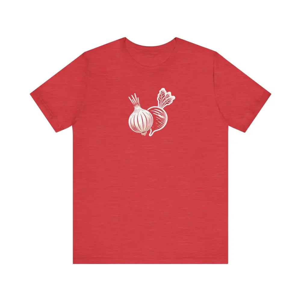 Red t-shirt with white onion beet graphic Trini Skies timeless elegance