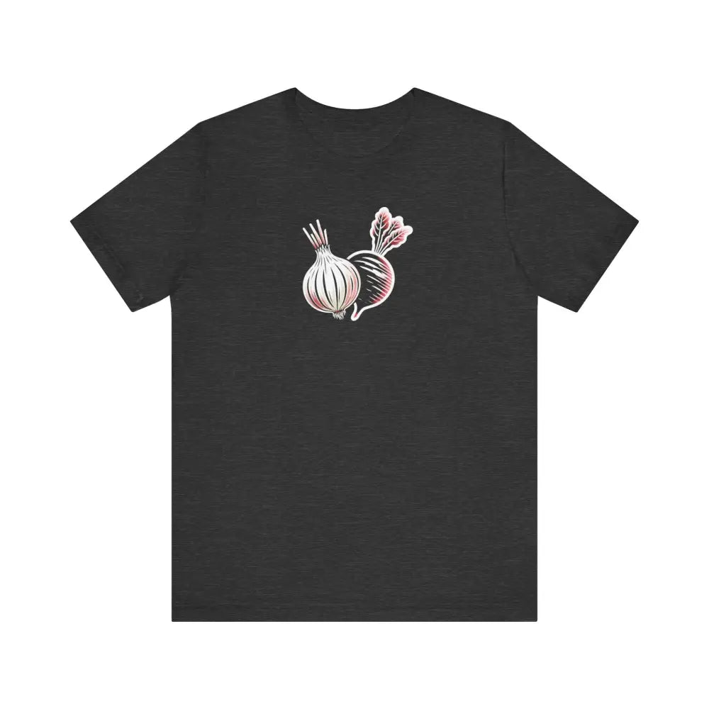 Dark grey t-shirt with onion beet graphic, Trini Skies timeless elegance