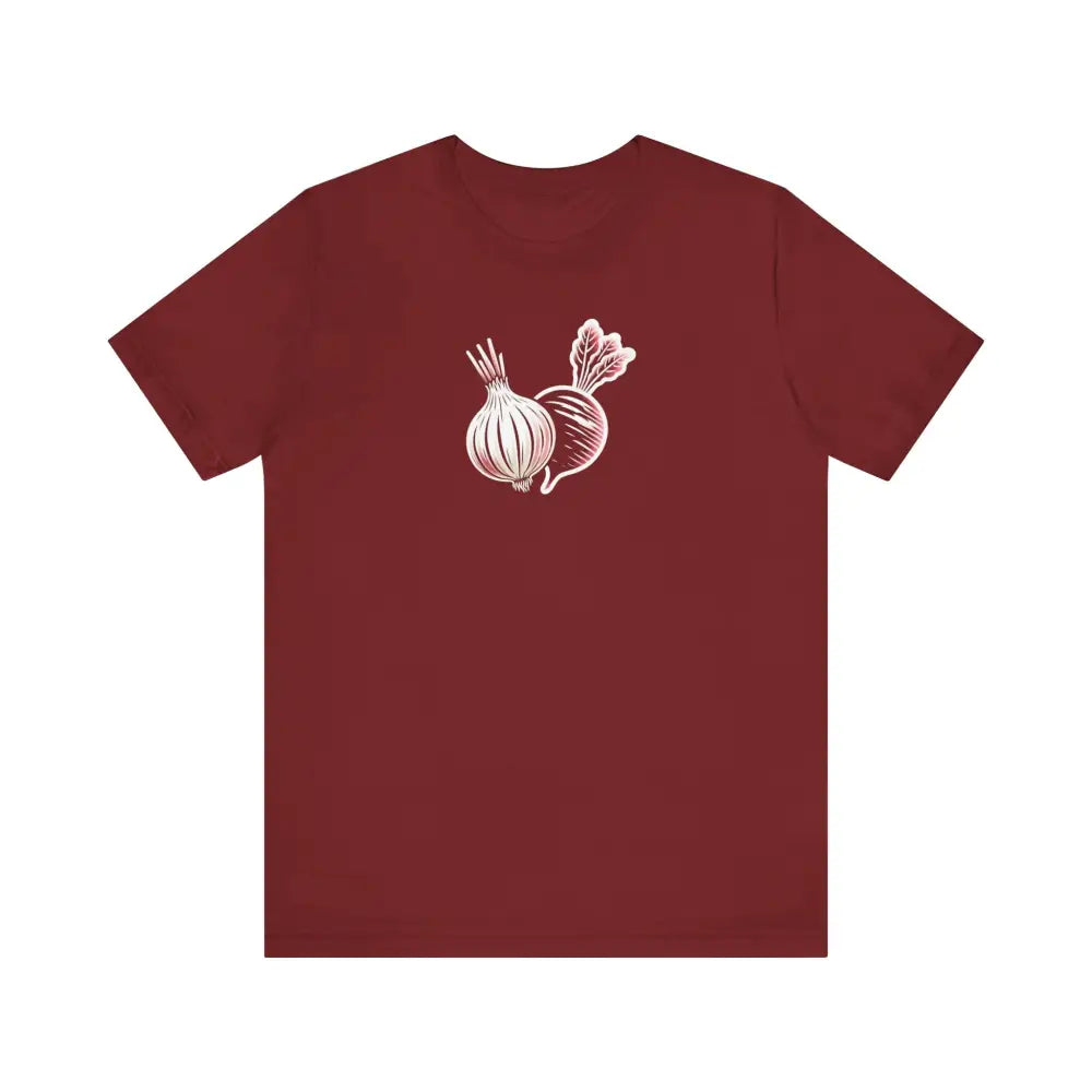 Maroon short-sleeve Trini Skies tee with onion beet graphic