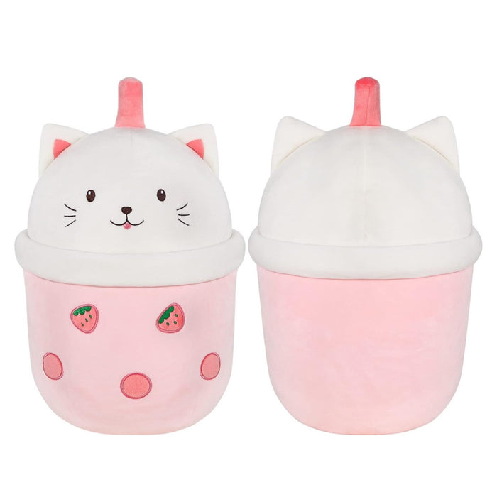 14 Inch Boba Tea Strawberry Cat Plush Pillow - Soft Hugging Toy for Kids & Decor