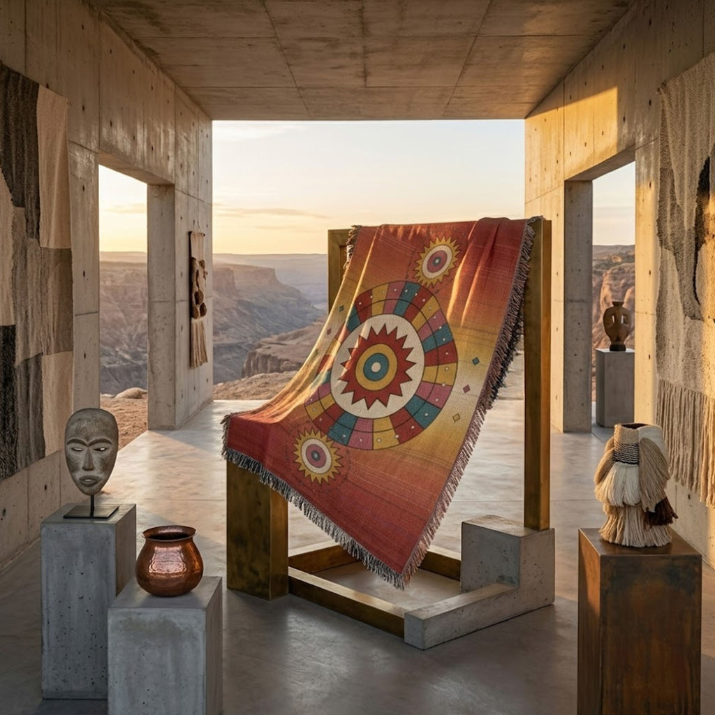 Festival Sundance Sunburst woven cotton throw blanket hanging outside a desert cabin doorway, showing the oxblood-to-dawn ombré field, radiant sunburst medallion, and multicolor fringe — Trini Skies