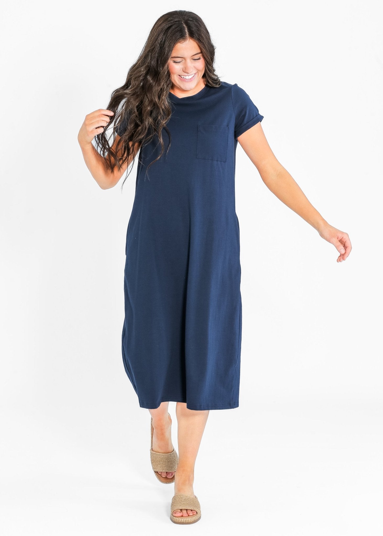 Finley T-Shirt Midi Dress – Navy Short Sleeve Casual Modest Dress with Pockets - Triniskies