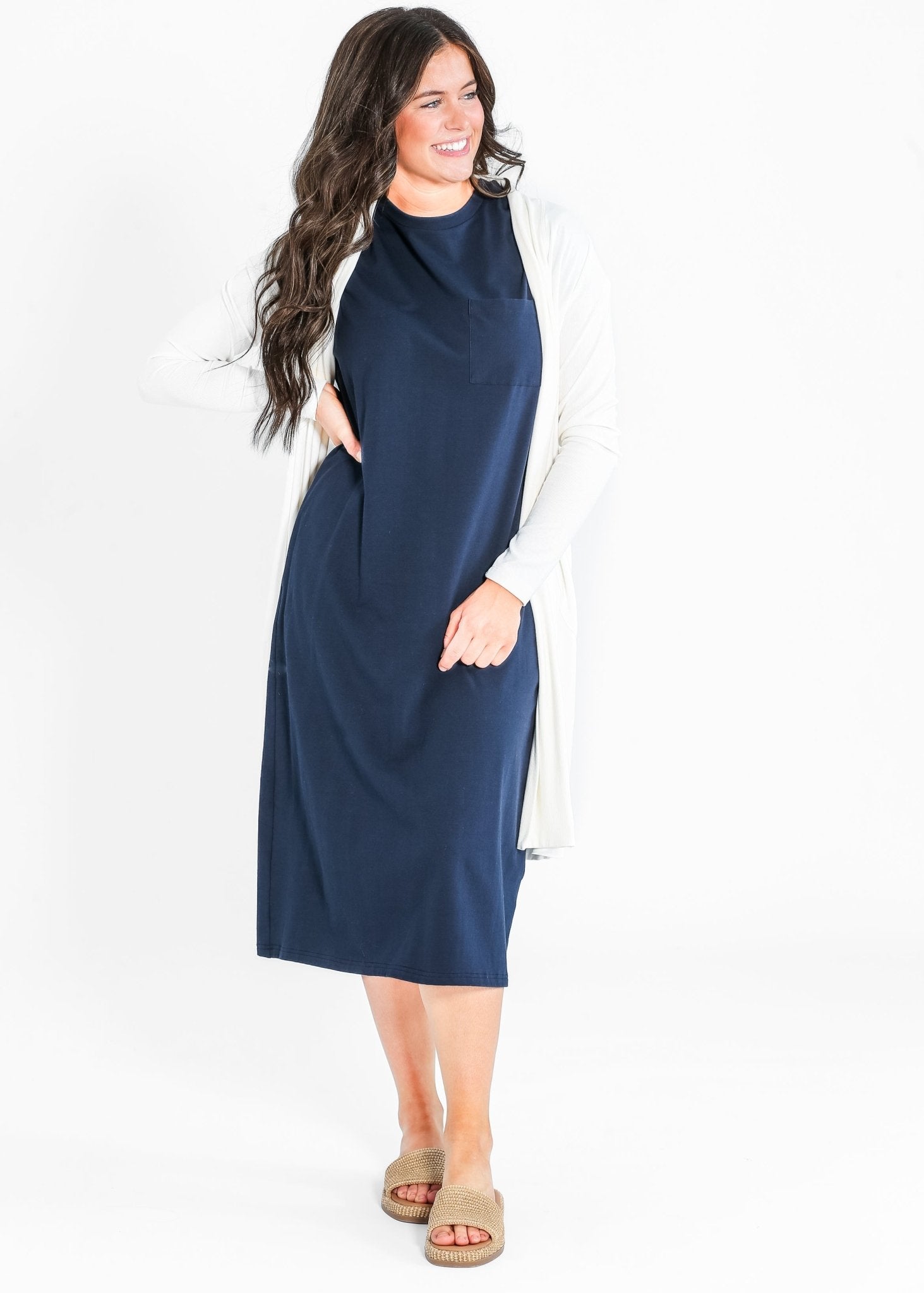 Finley T-Shirt Midi Dress – Navy Short Sleeve Casual Modest Dress with Pockets - Triniskies