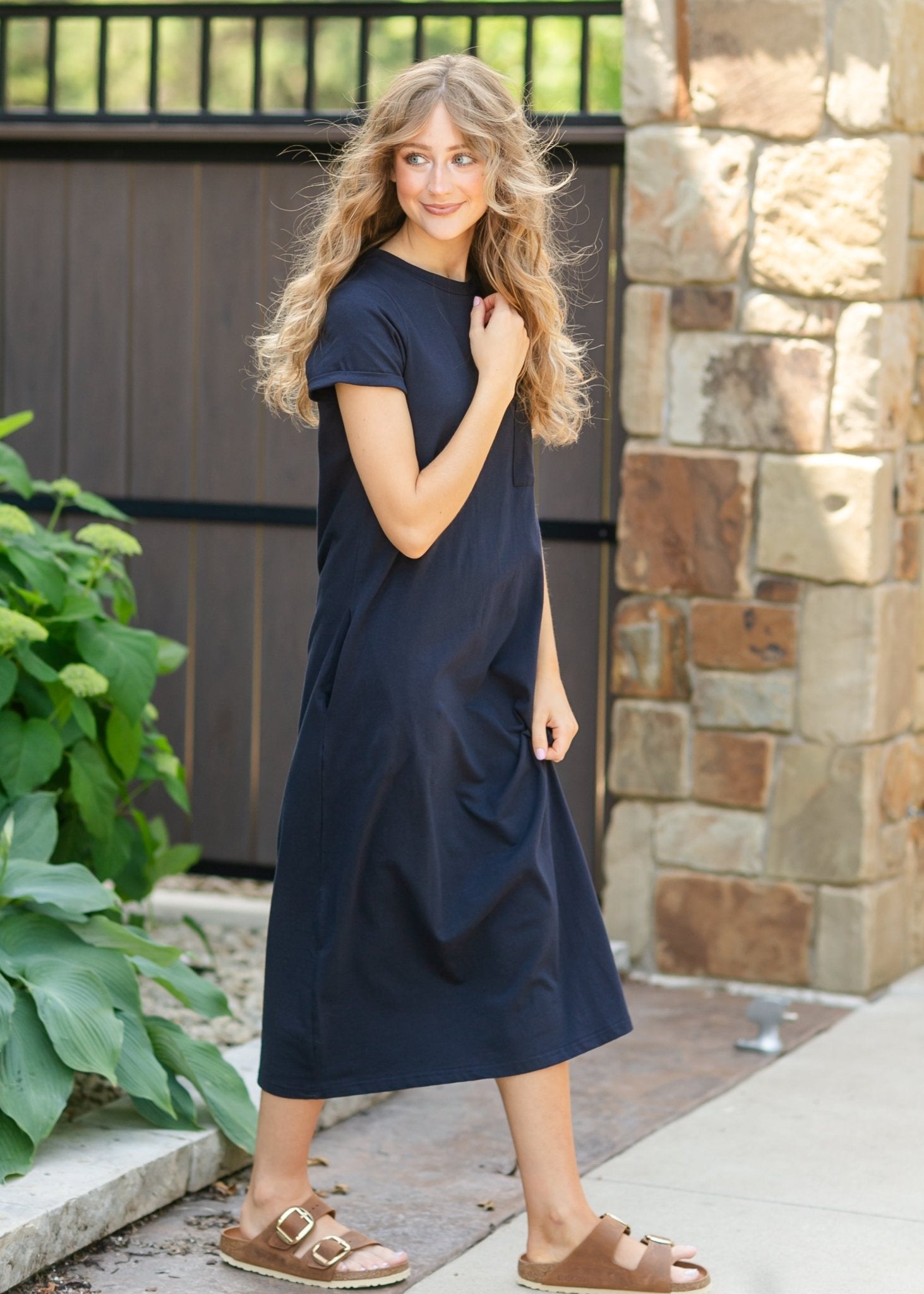Finley T-Shirt Midi Dress – Navy Short Sleeve Casual Modest Dress with Pockets - Triniskies