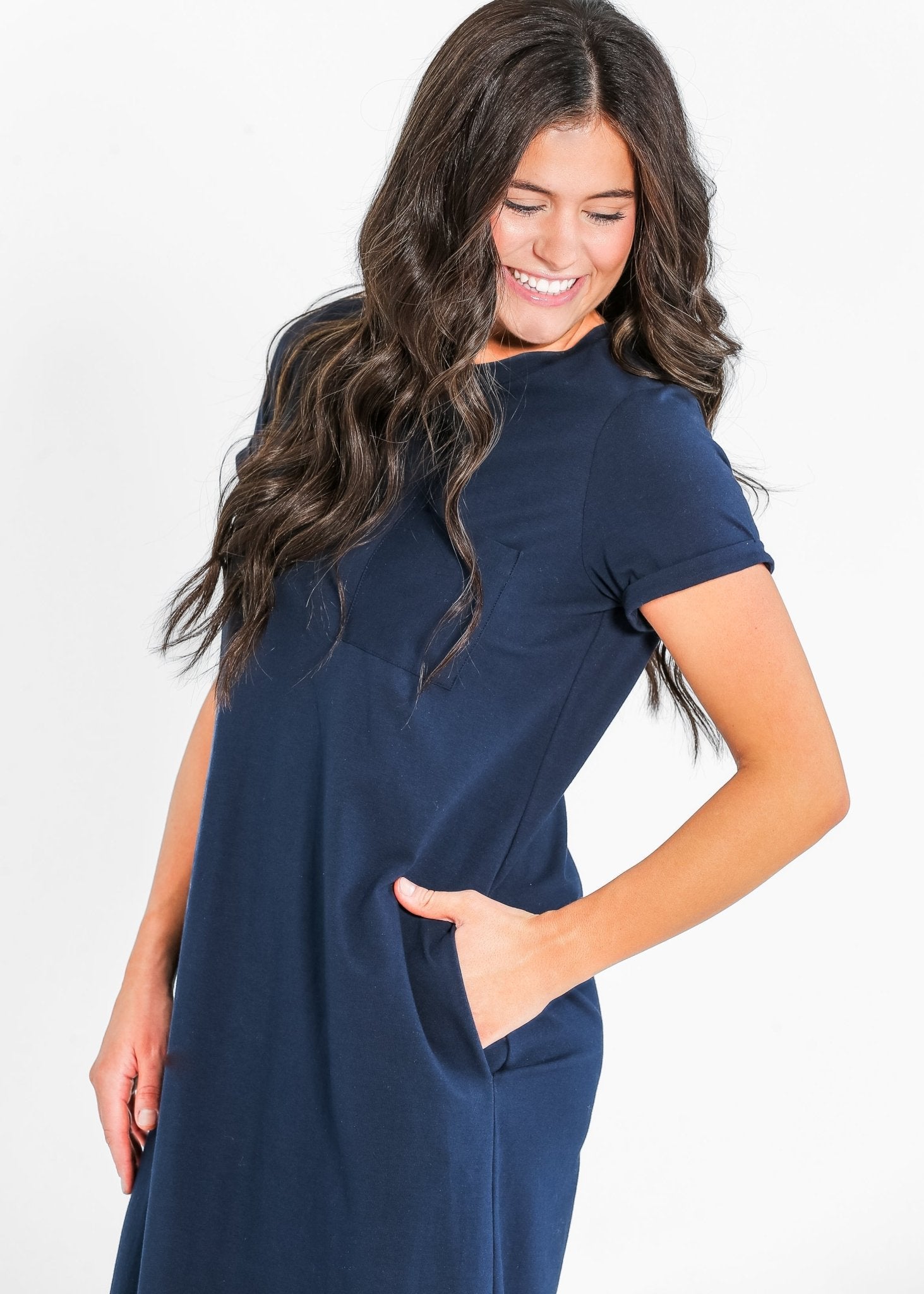 Finley T-Shirt Midi Dress – Navy Short Sleeve Casual Modest Dress with Pockets - Triniskies