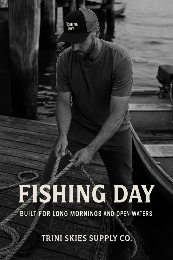 Man in Trini Skies Fishing Day Richardson embroidered hat holding rope on dock