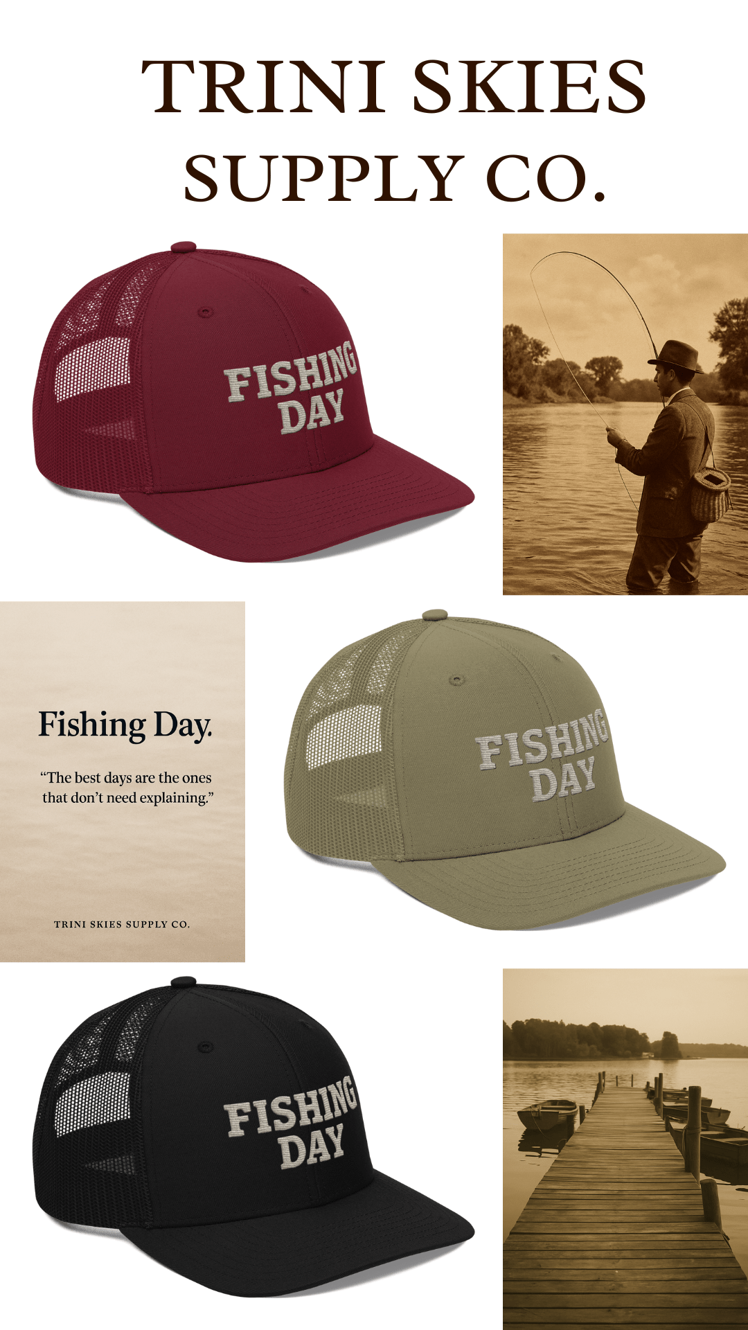 Fishing Day Richardson 112 Trucker Hat – Outdoor Heritage Cap – Rugged Mesh Back Hat – Timeless Americana Dockside Hat – Trini Skies Supply Co. - Triniskies