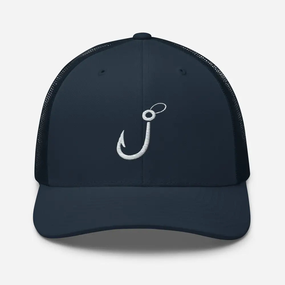 Navy blue embroidered fishing hook trucker hat – breathable mesh back angler cap