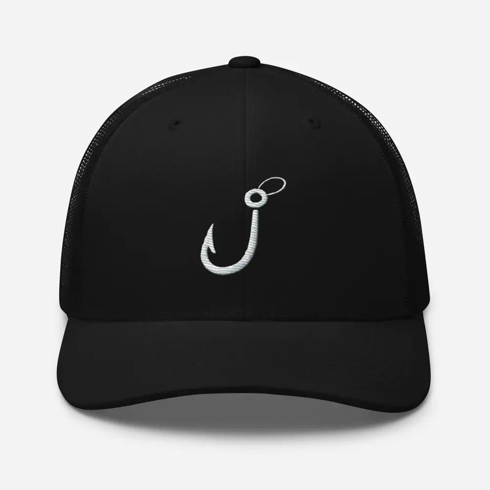 Black fishing hook trucker hat with breathable mesh sun protection
