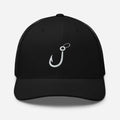 Black fishing hook trucker hat with breathable mesh sun protection