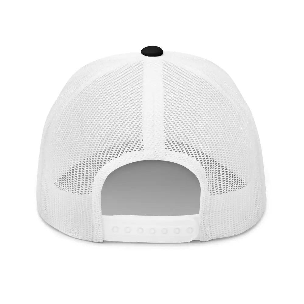 White fishing hook trucker hat with breathable mesh sun protection