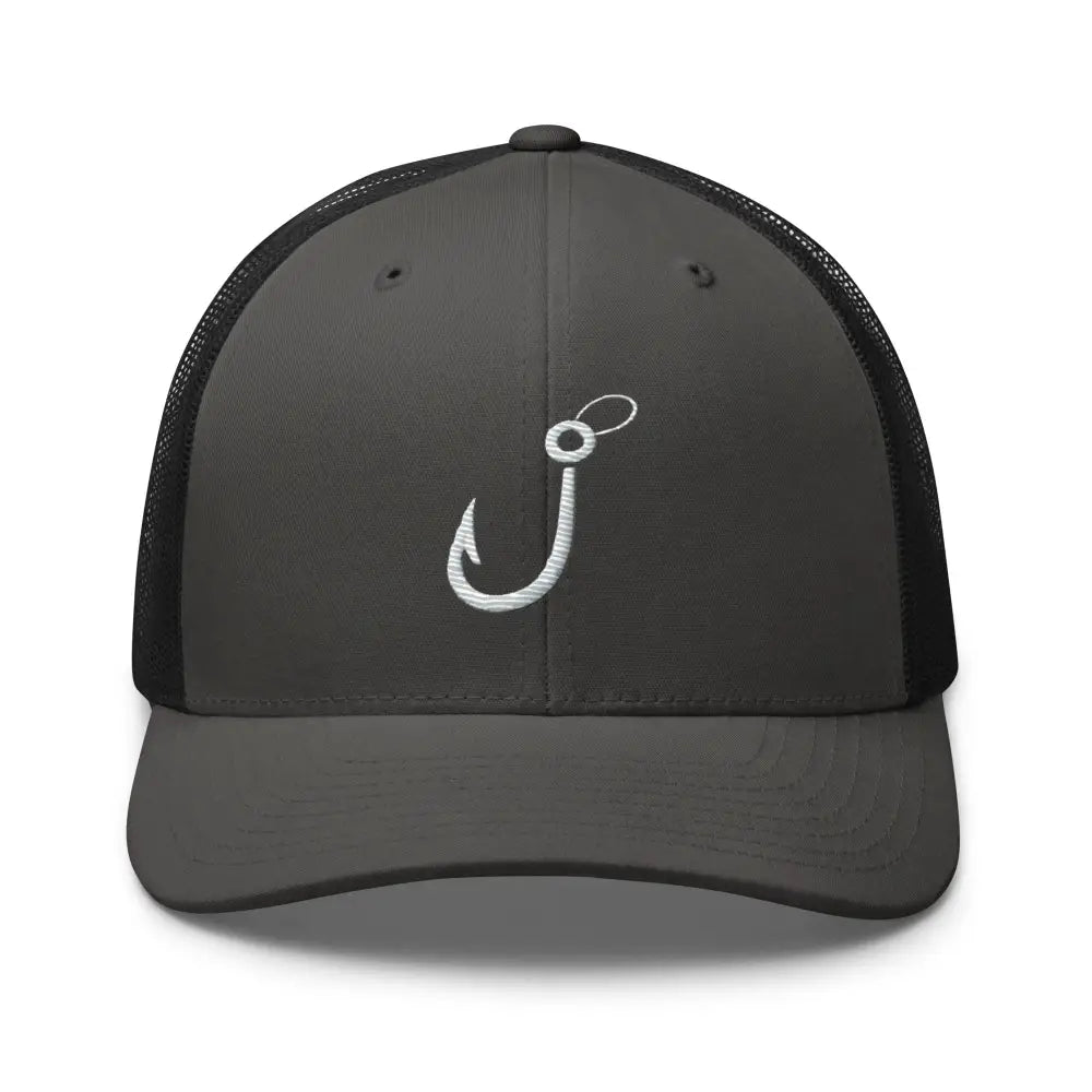 Dark grey trucker hat with white fishing hook emblem for classic fishing enthusiasts