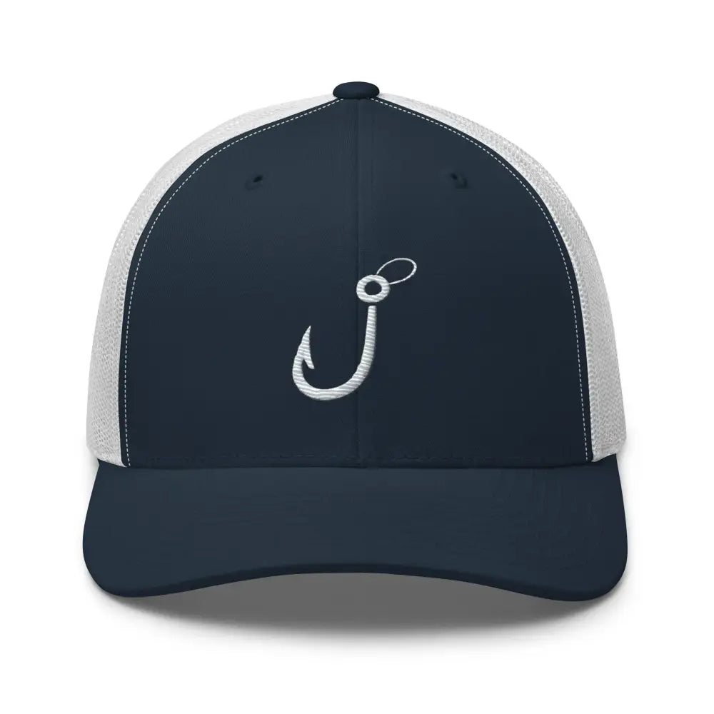 Navy blue fishing hook trucker hat with breathable mesh sun protection
