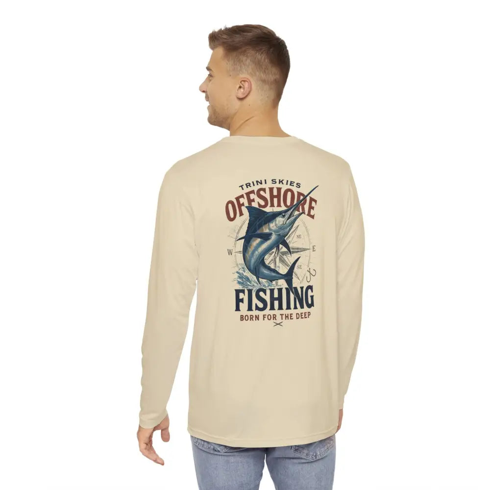 Mens long-sleeve beige fishing shirt outdoor with Marlin Compass graphic