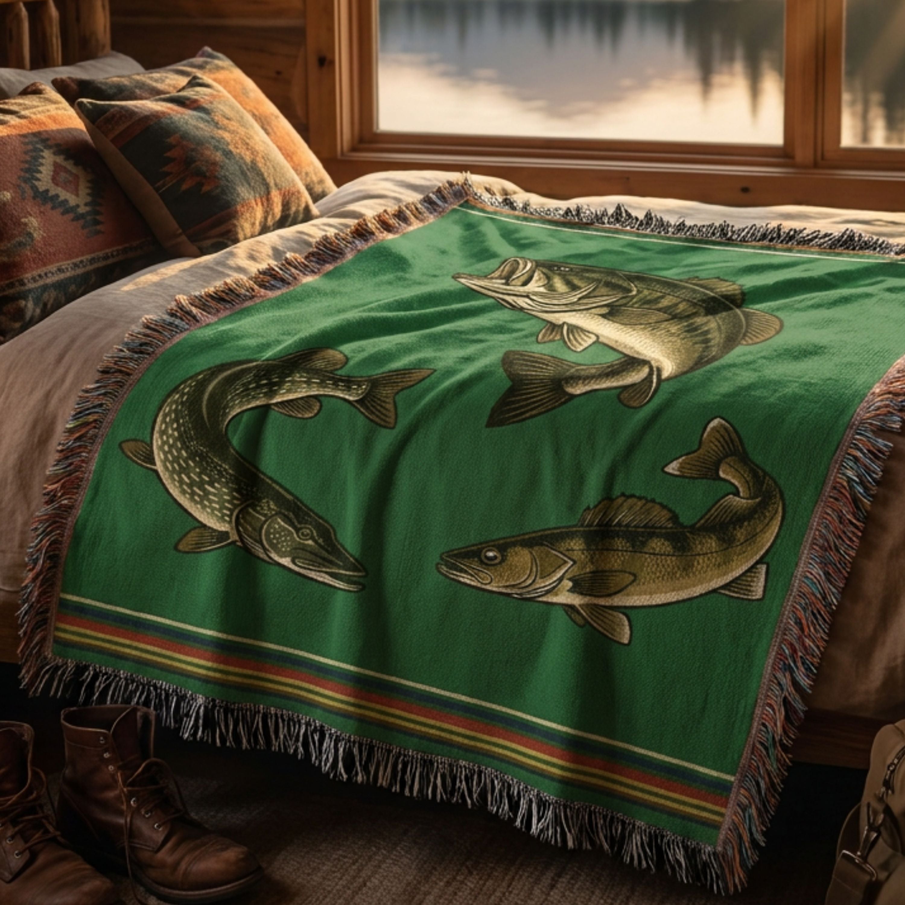 The Lake Country woven cotton throw blanket draped across a neatly made bed in a sunlit bedroom, showing the vibrant forest green field, the bass, pike, and walleye design, heritage stripe border, and multicolor fringe — Trini Skies