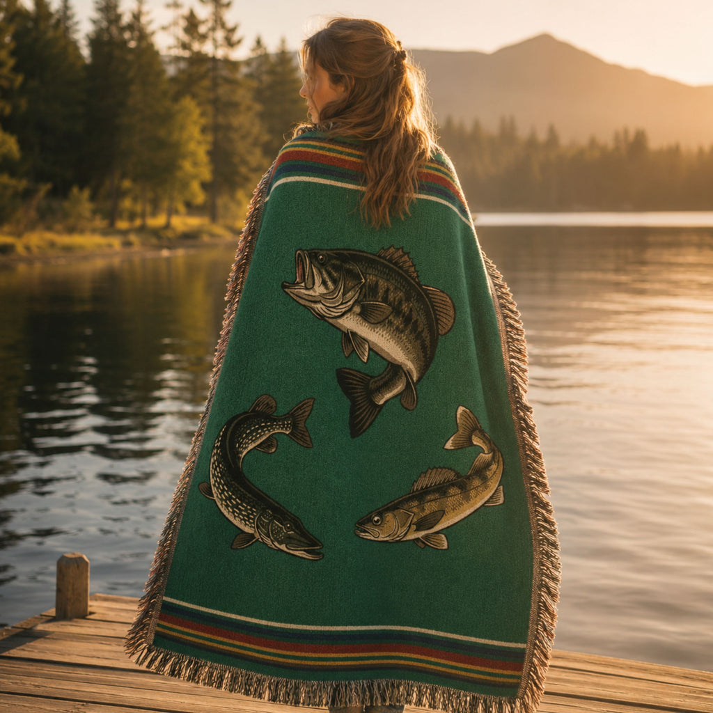 The Lake Country woven cotton throw blanket laid flat, showing the full vibrant forest green field with the bass, pike, and walleye design, heritage stripe border, and multicolor fringe on all sides — Trini Skies