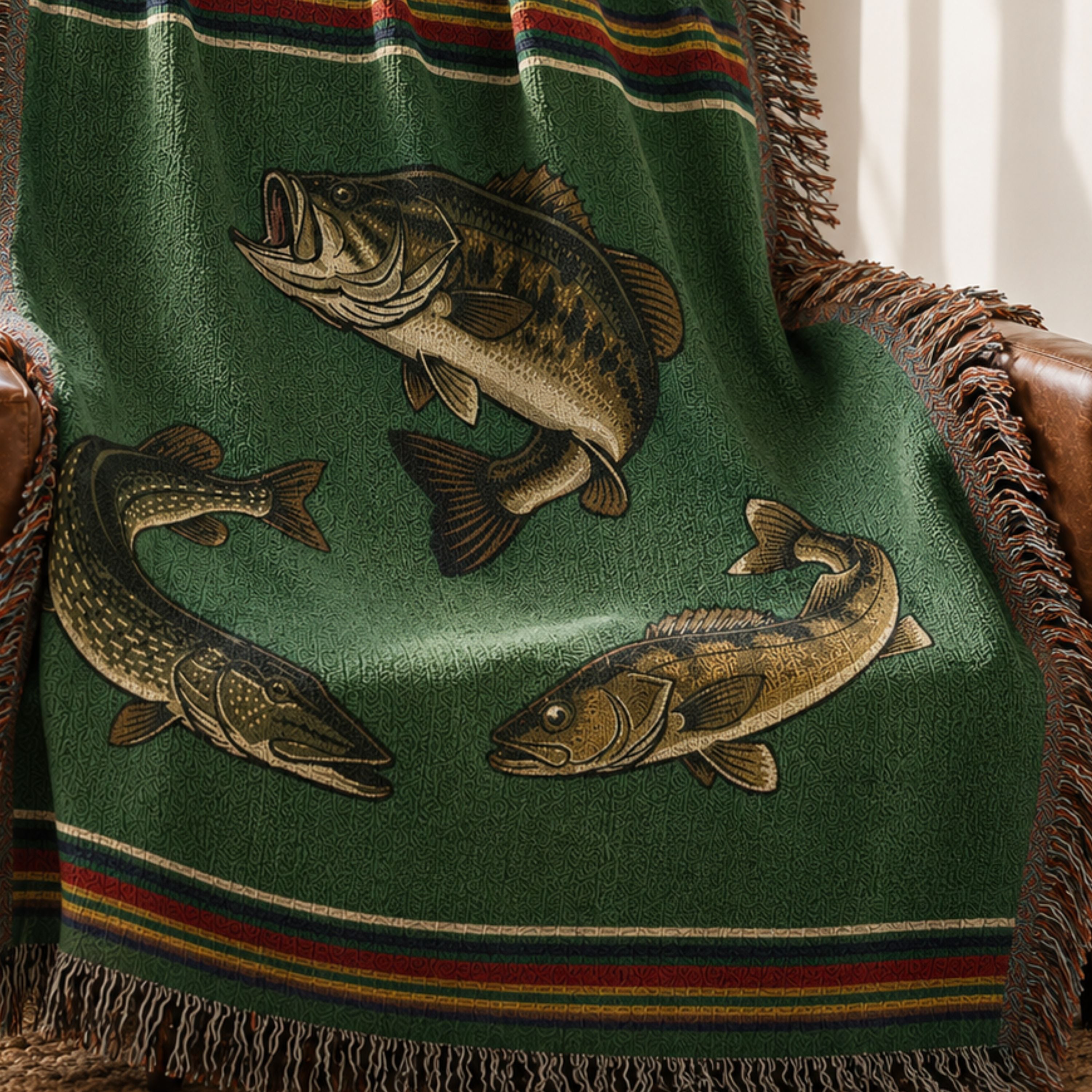 The Lake Country woven cotton throw blanket folded over a wooden chair, showing the vibrant forest green field, the bass, pike, and walleye design, heritage stripe border, and multicolor fringe texture — Trini Skies