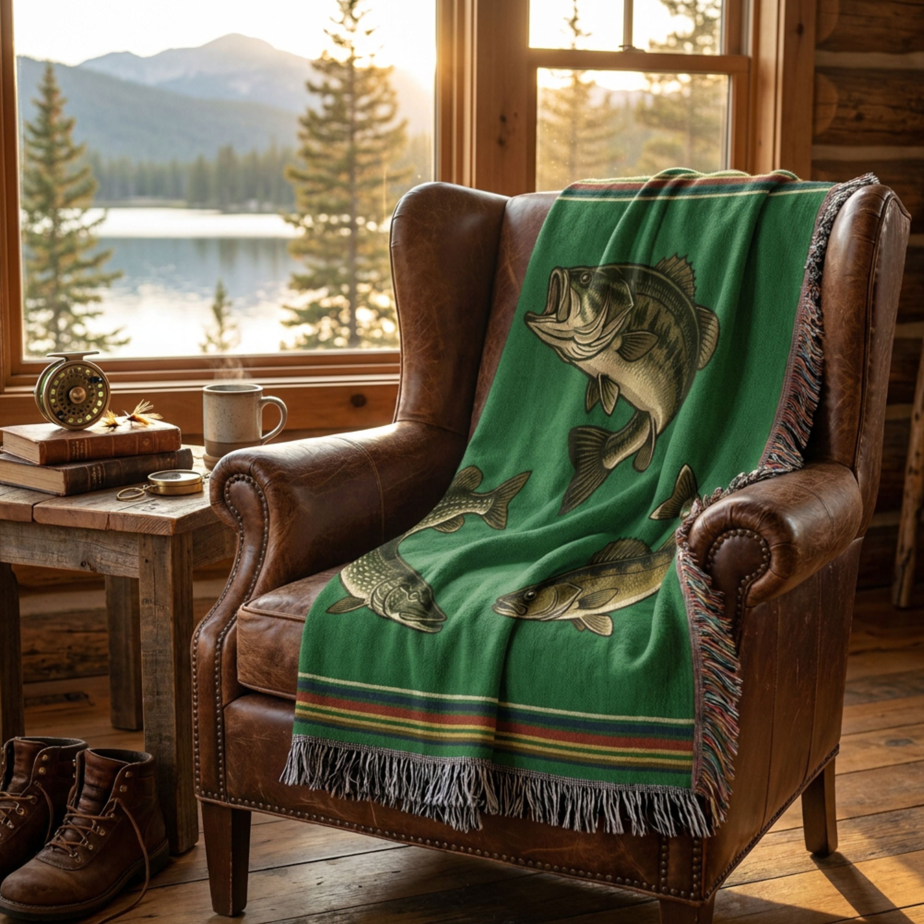 The Lake Country woven cotton throw blanket draped over a leather armchair in a lodge-style living room near a stone fireplace, showing the vibrant forest green field with the bass, pike, and walleye design, heritage stripe border, and multicolor fringe — Trini Skies