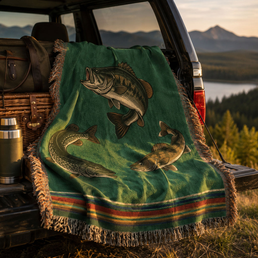 The Lake Country woven cotton throw blanket folded in the bed of a truck parked beside a river with mountains in the background, showing the vibrant forest green field with the bass, pike, and walleye design, heritage stripe border, and multicolor fringe, styled for a road trip or camping scene — Trini Skies