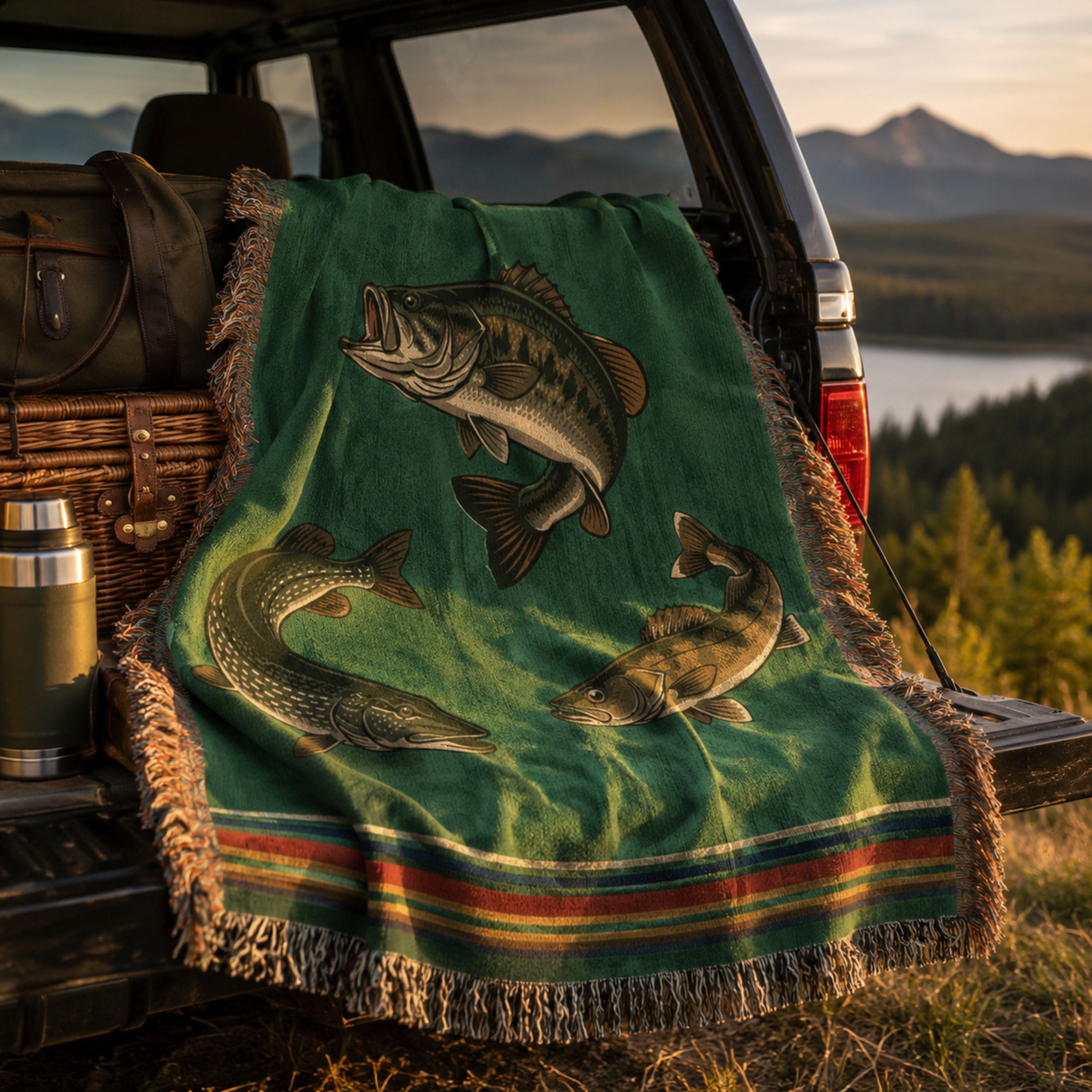 The Lake Country woven cotton throw blanket folded in the bed of a truck parked beside a river with mountains in the background, showing the vibrant forest green field with the bass, pike, and walleye design, heritage stripe border, and multicolor fringe, styled for a road trip or camping scene — Trini Skies