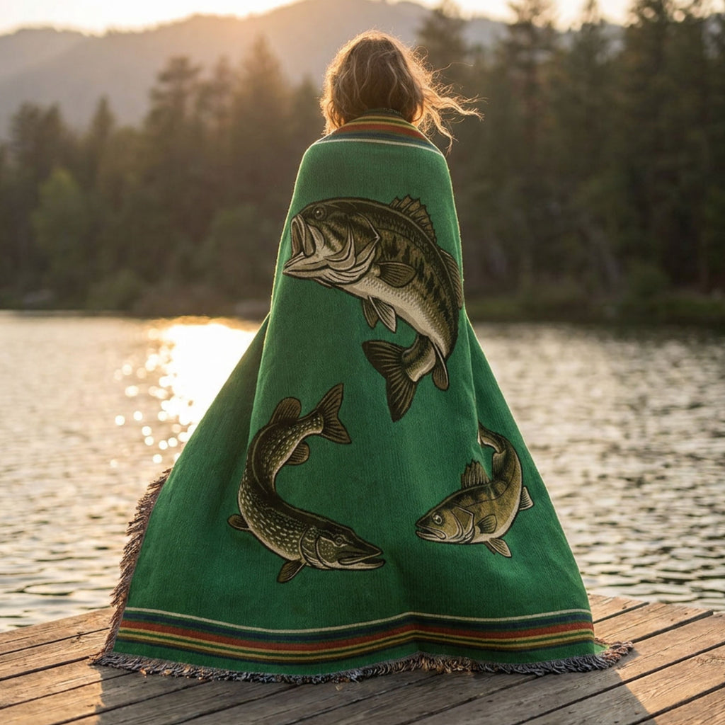 Woman wrapped in The Lake Country woven cotton throw blanket beside a still lake, showing the vibrant forest green field with the bass, pike, and walleye design, heritage stripe border, and multicolor fringe against a soft-focus lake and treeline backdrop — Trini Skies