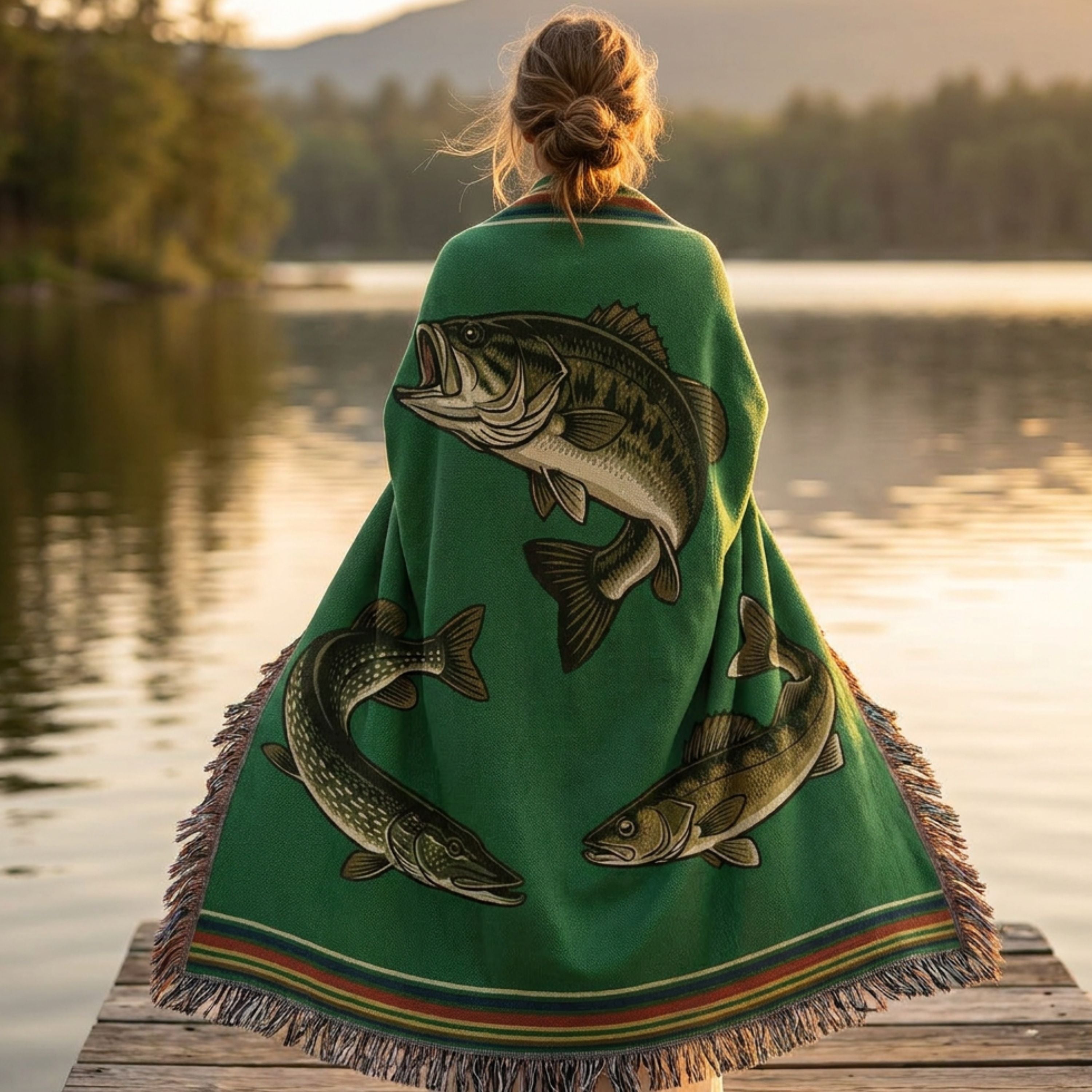 Woman standing on a wooden lake pier with her back to the camera, wrapped from the shoulders down in The Lake Country woven cotton throw blanket, showing the vibrant forest green field, the bass mid-strike, coiled pike, and gliding walleye design, heritage stripe border, and multicolor fringe, with a still lake and pine tree line in the soft-focus background — Trini Skies