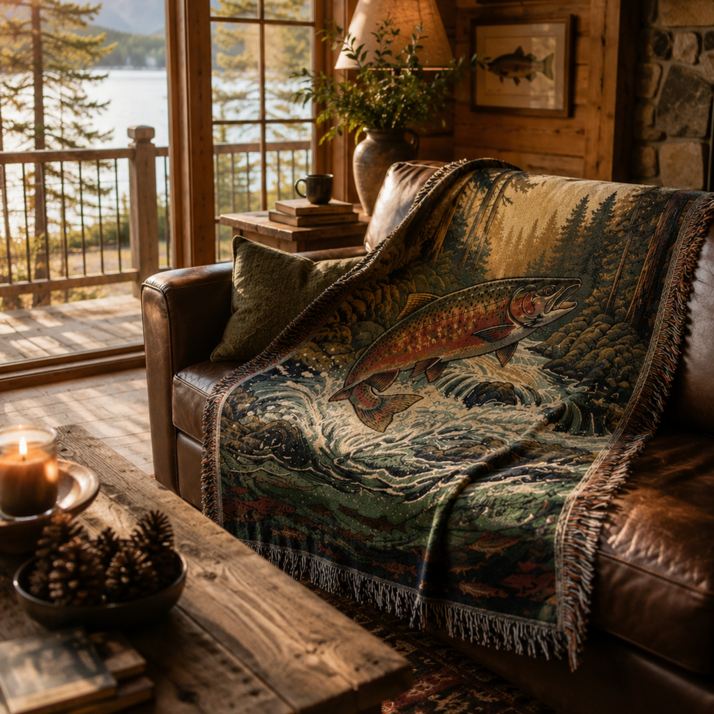The River King rainbow trout woven throw draped over a leather sofa in a lodge living room — Trini Skies