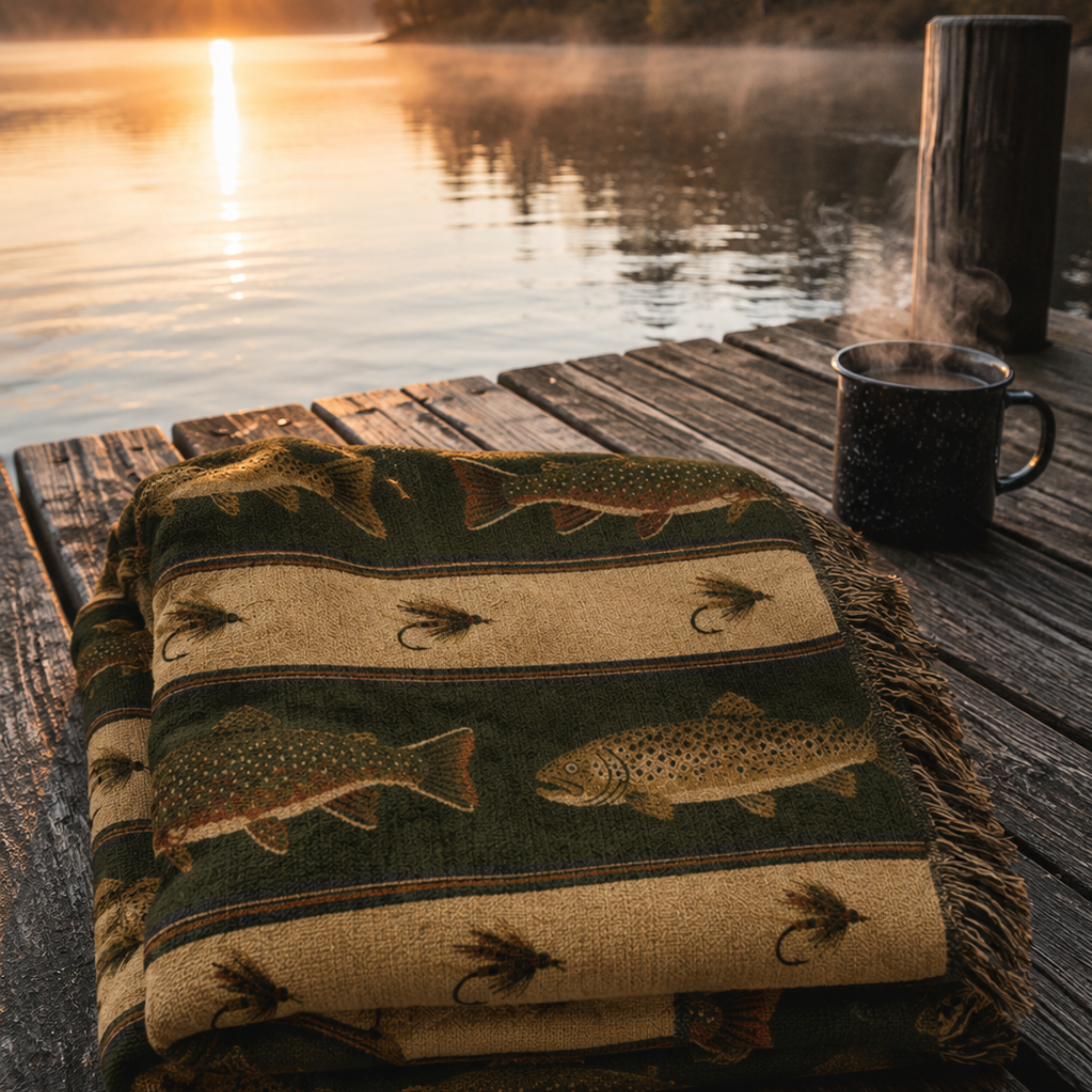 Trout and Fly woven tapestry throw blanket folded on weathered dock at sunrise showing forest green and cream stripe pattern with brown trout and fly fishing lure bands