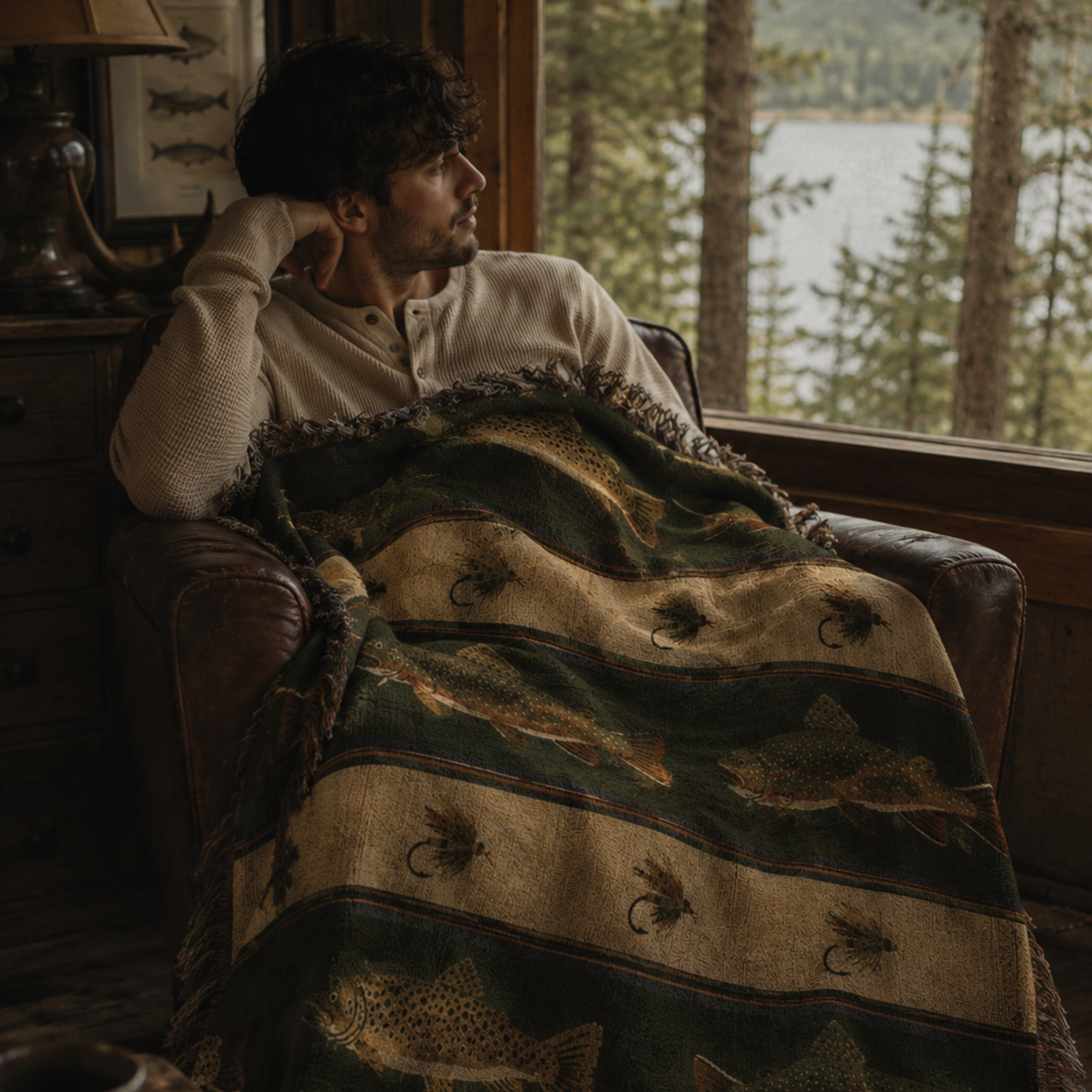 Man in brown suede overshirt holding Trout and Fly woven tapestry throw blanket on misty fishing cabin dock at dawn with canoe, wooden paddle and vintage lantern beside him — Trini Skies