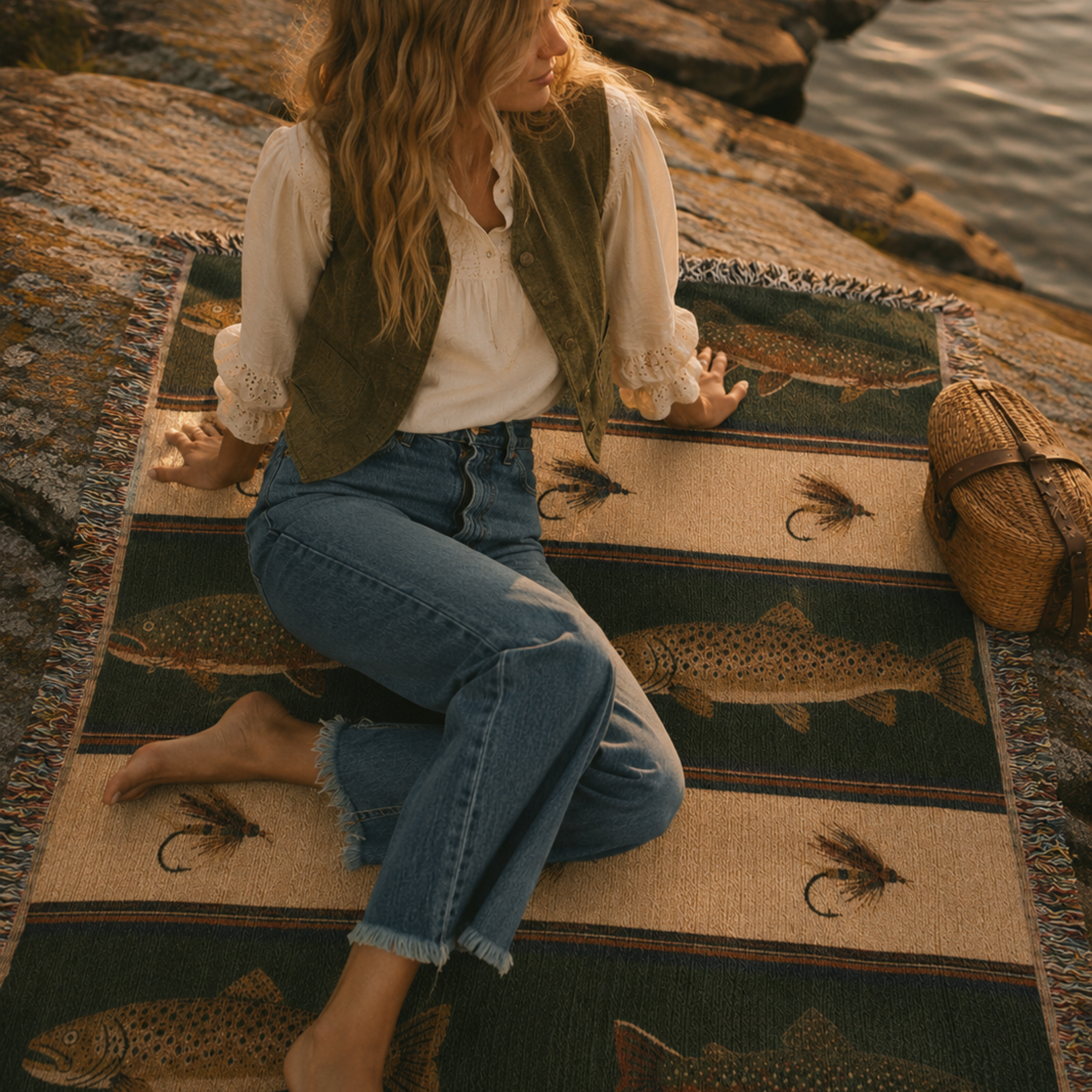 Woman seated barefoot on granite rock at golden hour lakeside with Trout and Fly woven tapestry throw blanket spread beneath her showing full trout and lure band pattern — Trini Skies
