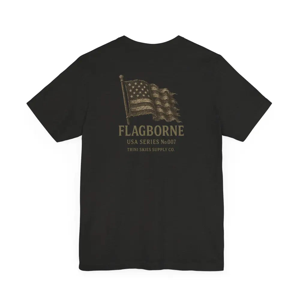 Black Trini Skies Supply T-Shirt with Distressed American Flag Graphic