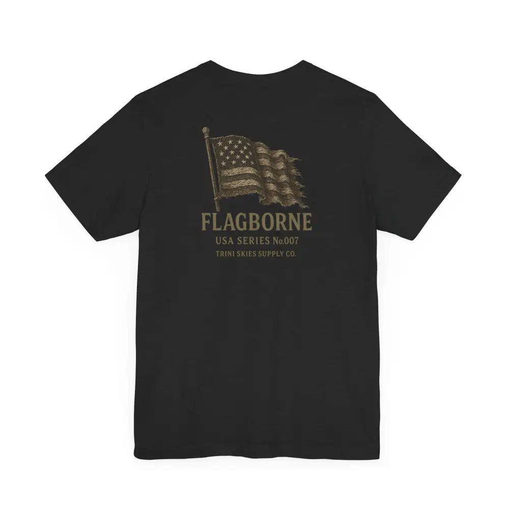 Trini Skies Supply black tee with waving American flag graphic