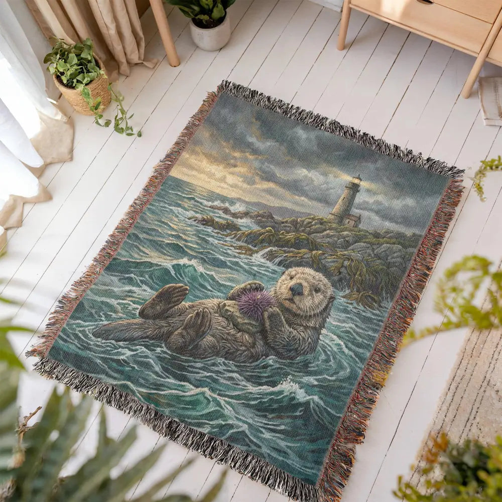 Coastal woven cotton blanket with floating sea otter and lighthouse tapestry